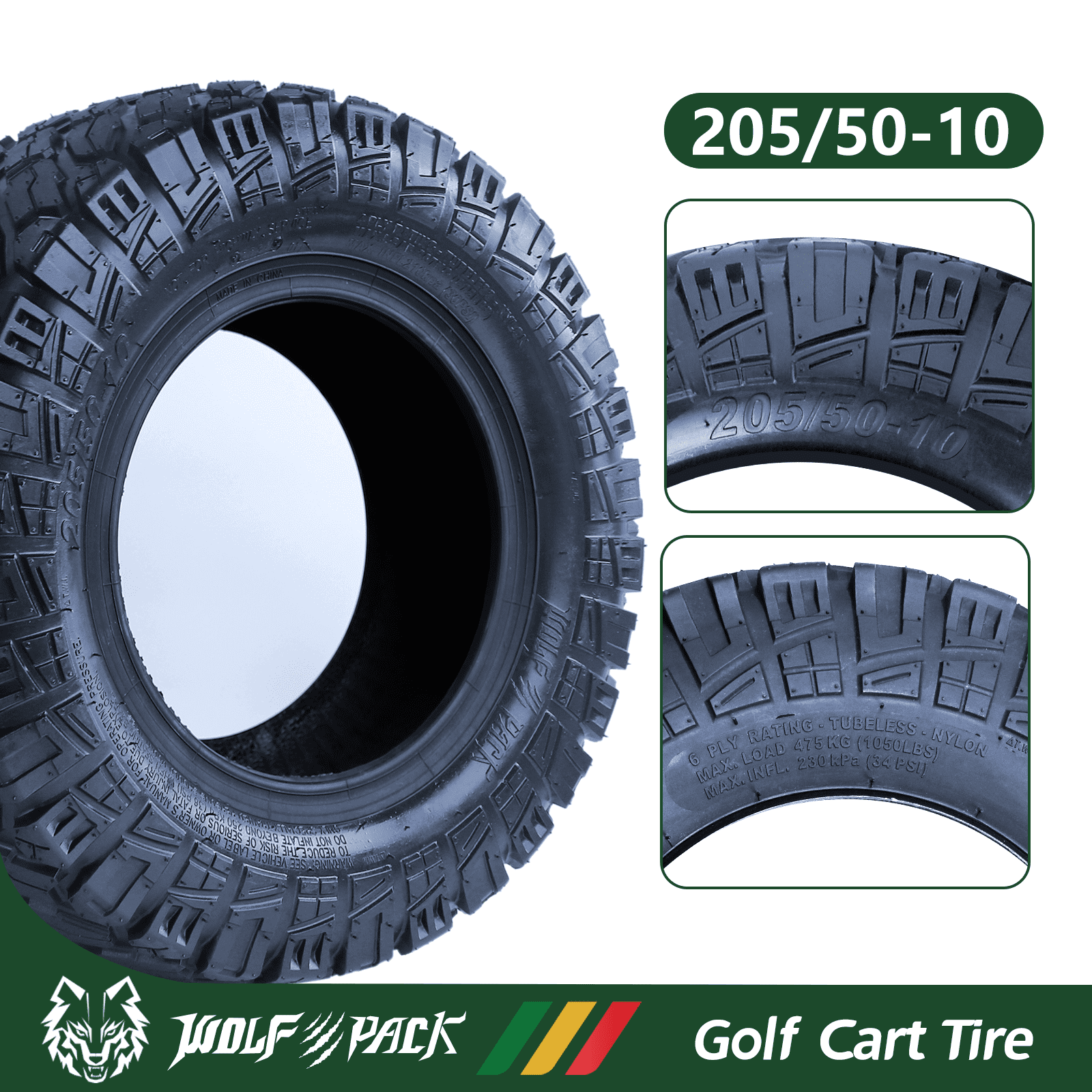 Set 4 WOLF PACK Golf Cart Tires 205/50-10 All Terrain Tubeless Tire