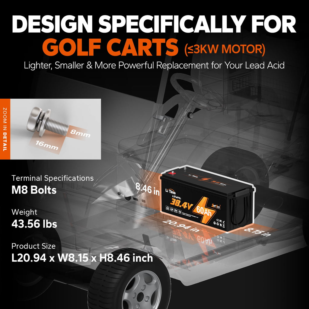 LiTime 36V 60Ah Golf Carts LiFePO4 Battery 120A BMS 2304Wh Energy Max. Power 4.6kW Support up to 3kW Motor